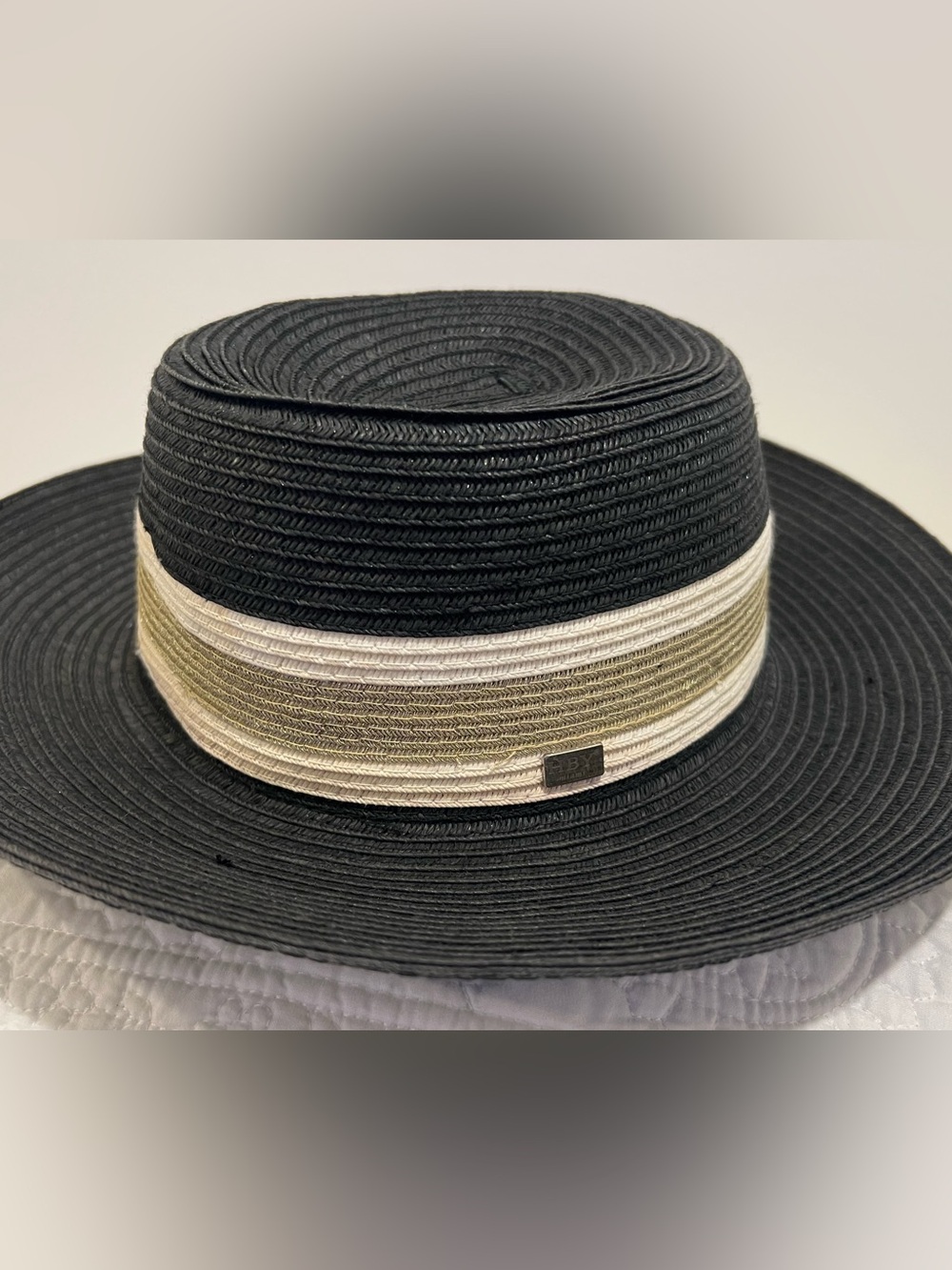 Black Wide-Brim Straw Hat with Neutral Striped Band